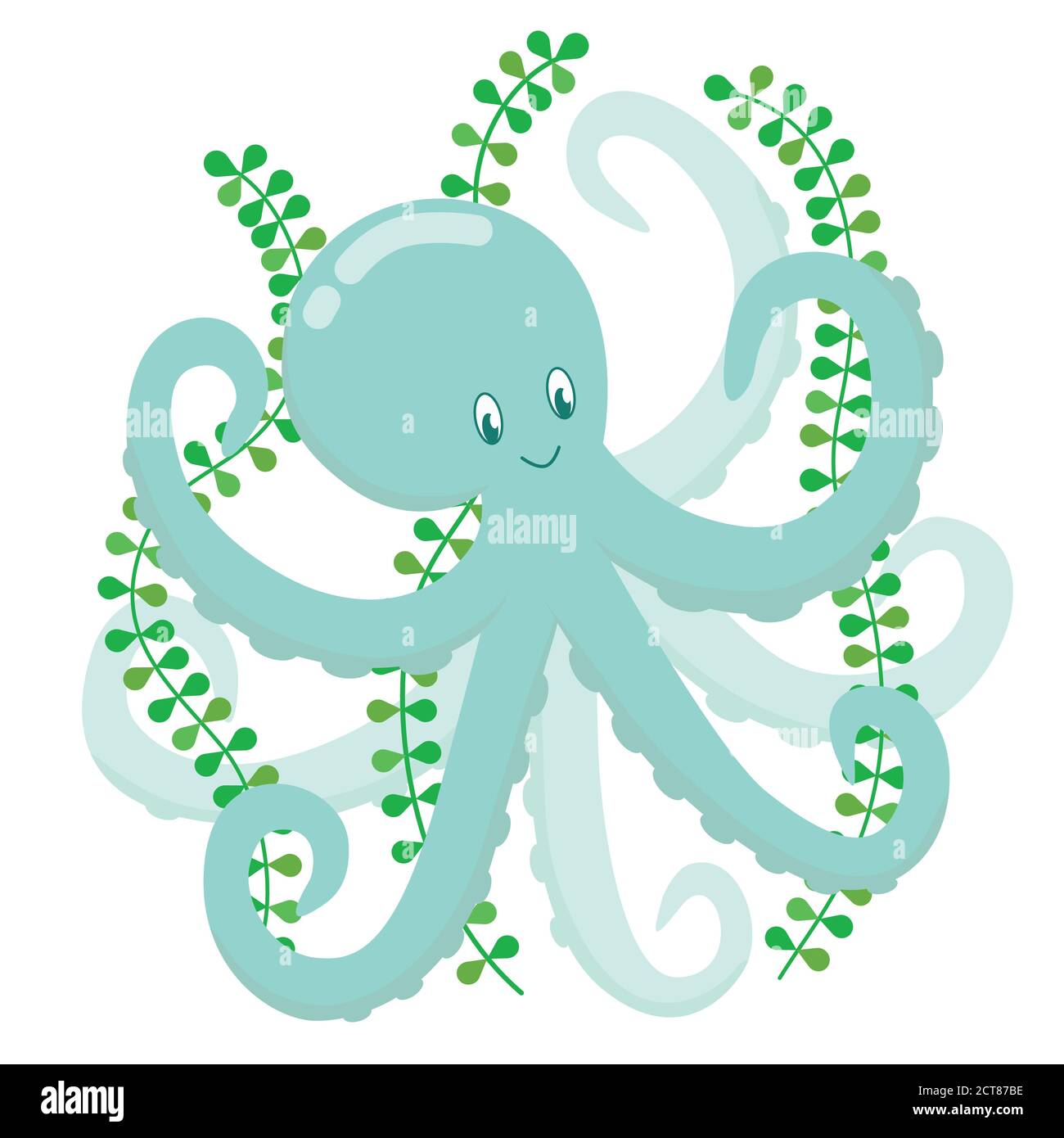 Blue octopus with water plants, cute cartoon character. Cute octopus with 8 tentacles, vector illustration for children, isolate print design on white Stock Vector