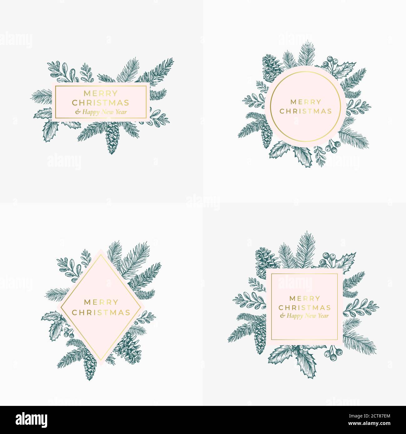 Set of Christmas Foliage Cards, Signs or Logo Templates. Hand Drawn Christmas Illustrations with Borders and Classy Typography. Good for Greetings Stock Vector