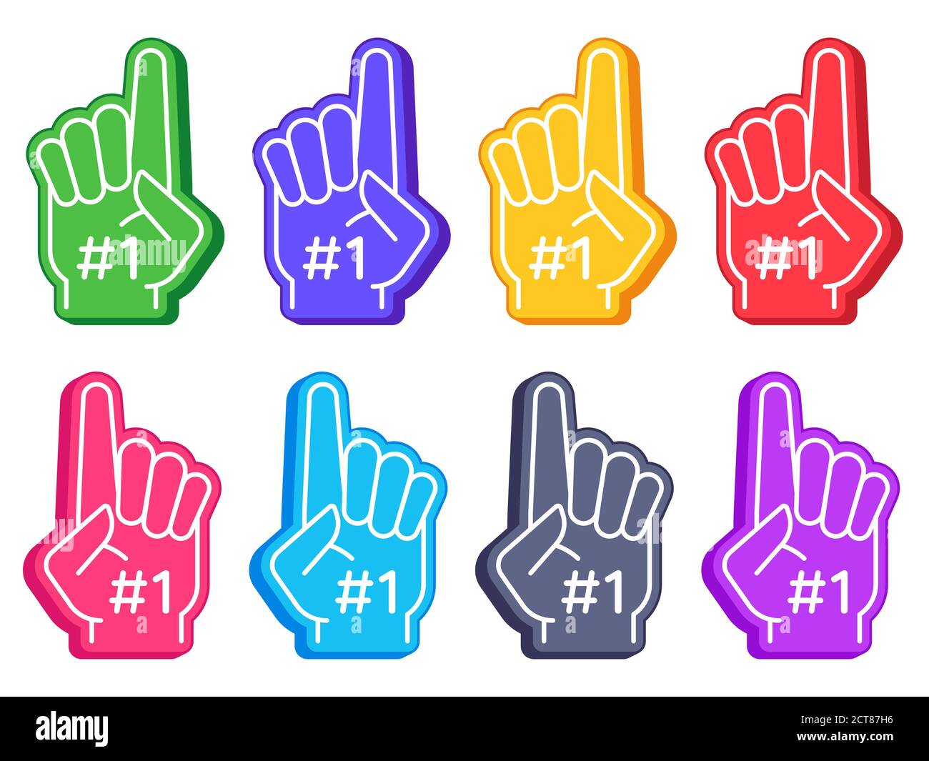 Fan foam fingers. Color sports glove with number one, stadium supporter pride accessory, american football cute souvenir vector set. Illustration foam Stock Vector
