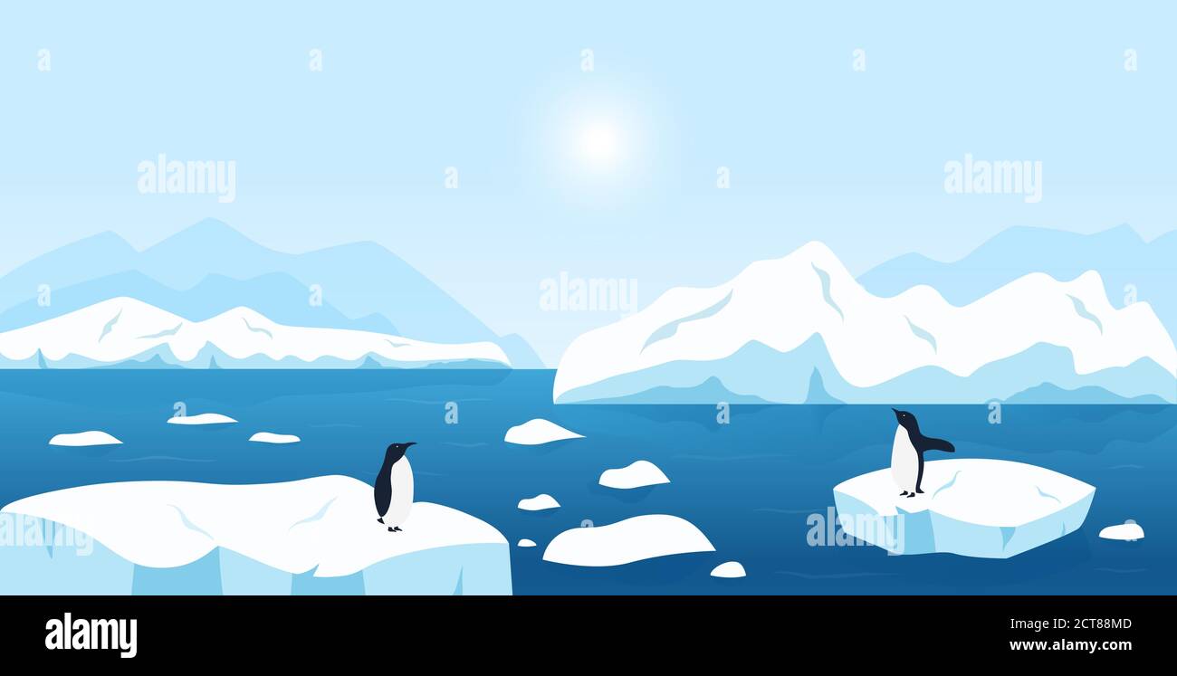 Beautiful Arctic or Antarctic landscape. North scenery with large icebergs floating in ocean and penguins. Snow mountains hills, scenic northern icy nature background Stock Vector
