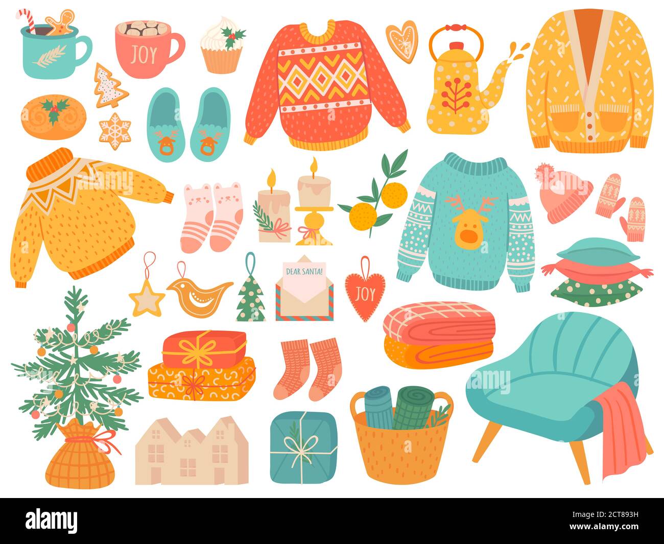 Hygge christmas. Winter knit clothes and holiday decor fir-tree, gifts. Candles, socks and mittens xmas home symbols, cartoon vector set. Christmas hy Stock Vector