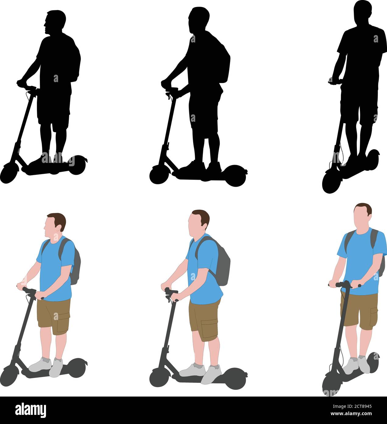 man riding electric scooter silhouettes and color illustration - vector Stock Vector