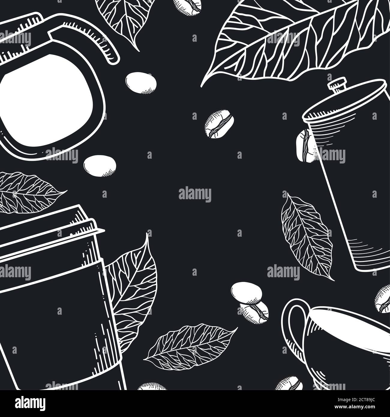 coffee pot mug cup leaves and beans background design of time drink ...