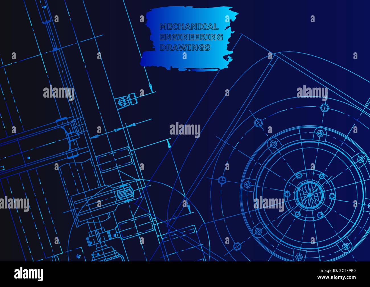 Cover. Vector drawing. Mechanical instrument making. Blue neon Stock Vector