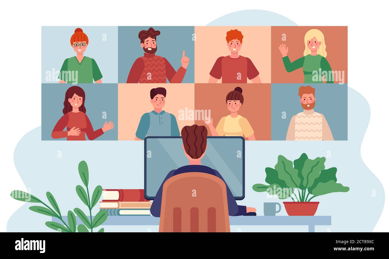 Virtual meeting. Man chatting with group people, online meetings remote working during coronavirus, internet webinar flat vector concept. Illustration Stock Vector