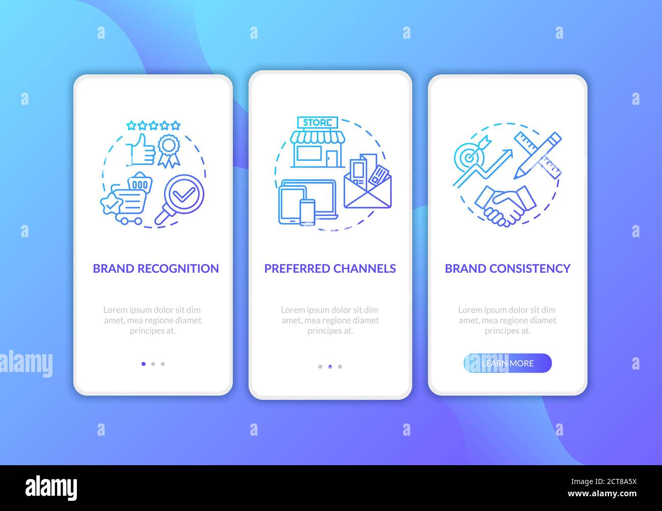 Digital marketing channels onboarding mobile app page screen with ...