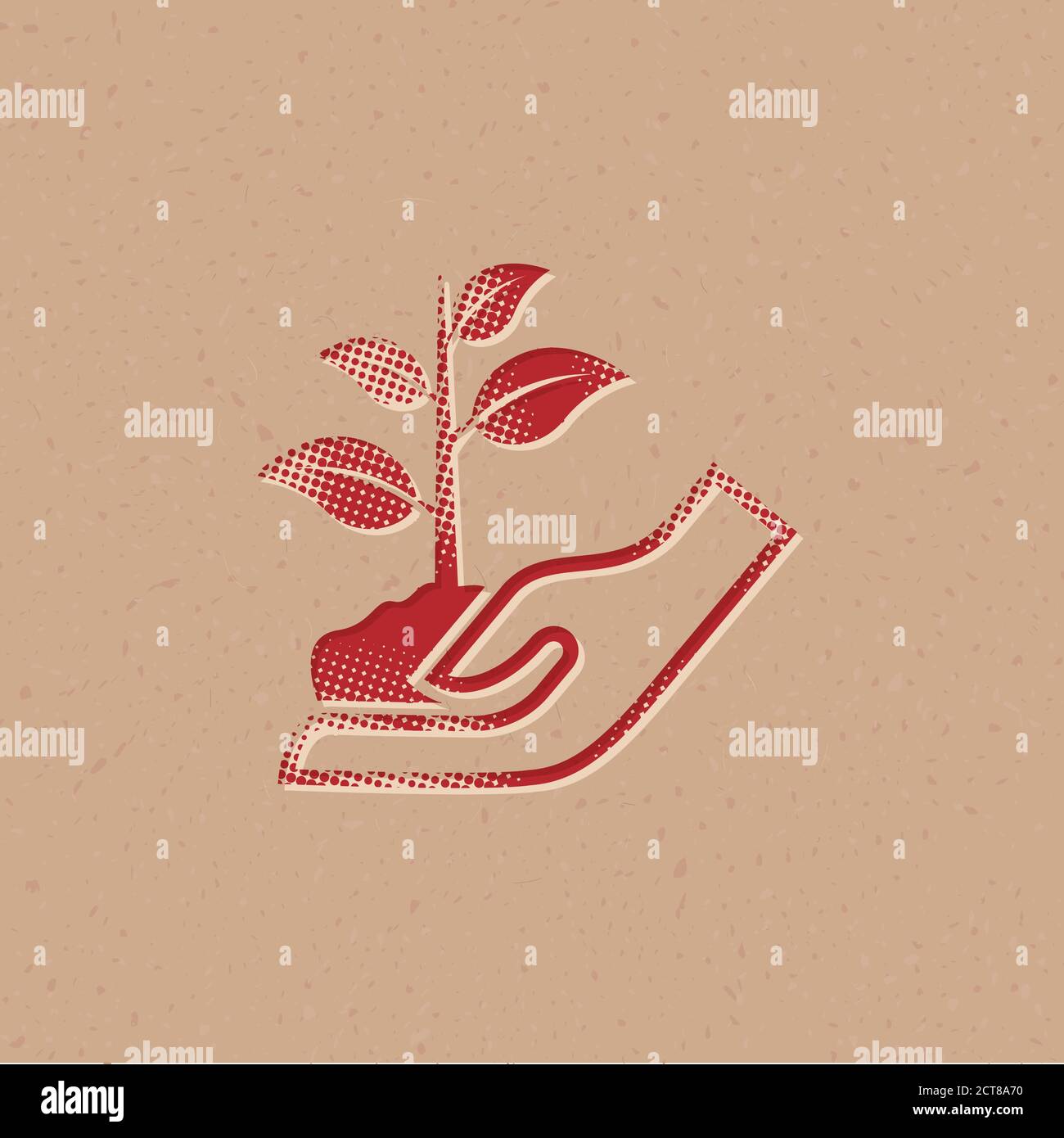 Hand holding tree icon in halftone style. Grunge background vector ...