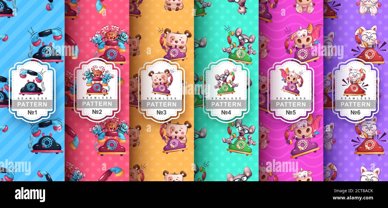 Animal with phone - set seamless pattern Stock Vector