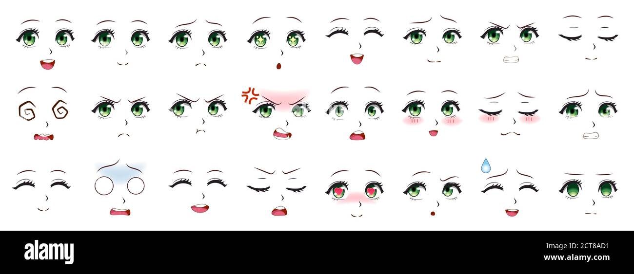 Manga expression. Anime girl facial expressions. Eyes, mouth and nose,  eyebrows in japanese style. Manga woman emotions cartoon vector set.  Illustrati Stock Vector Image & Art - Alamy