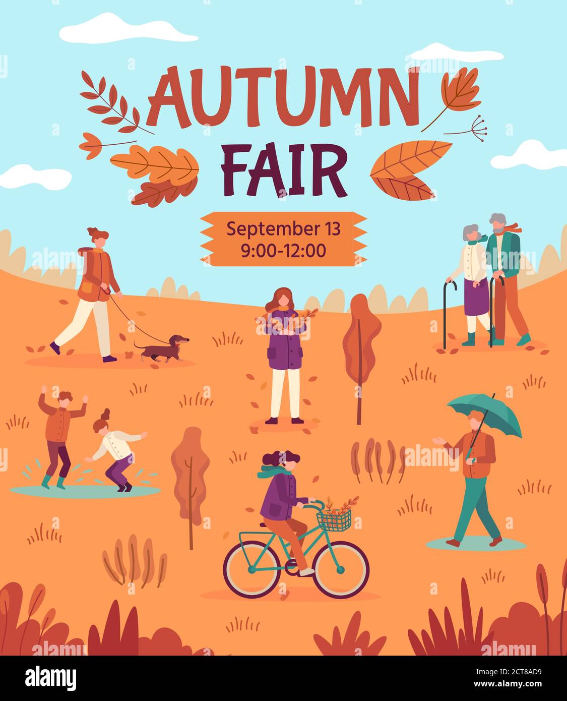 Autumn fair. People enjoying public park, fall festival, crafts and street food market, season harvest flyer cartoon vector poster. Illustration fair Stock Vector