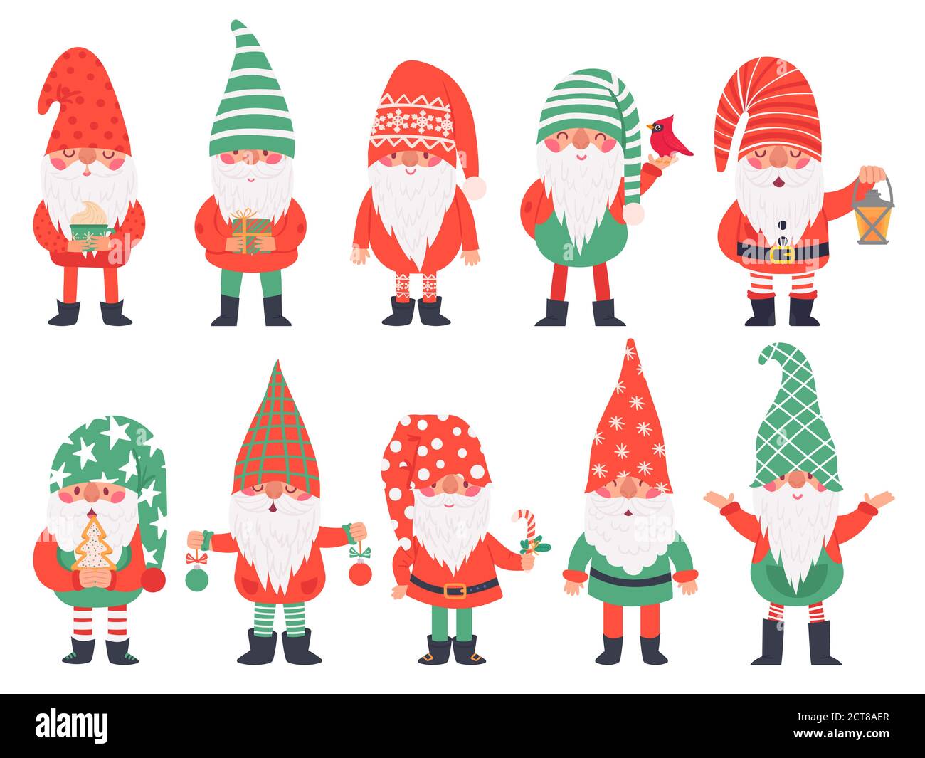 Christmas dwarfs. Funny fabulous gnomes in red costumes, xmas gnome with lantern traditional decoration, winter holiday vector characters. Illustratio Stock Vector