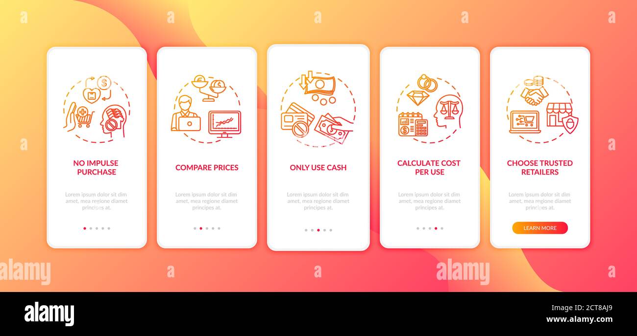 Smart spender tips onboarding mobile app page screen with concepts Stock Vector