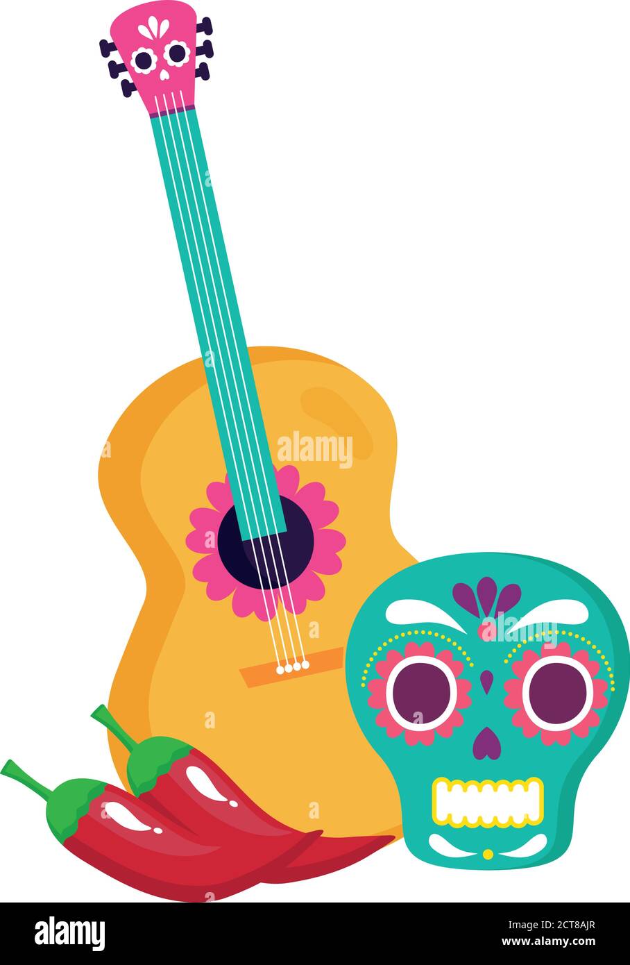 mexican skull with guitar and chili peppers, on white background Stock ...