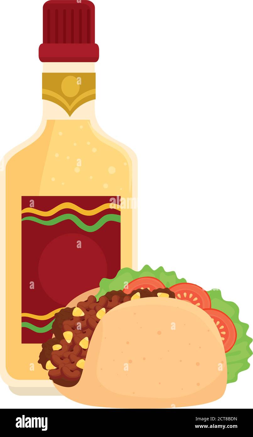 taco mexican with bottle tequila in white background Stock Vector Image ...