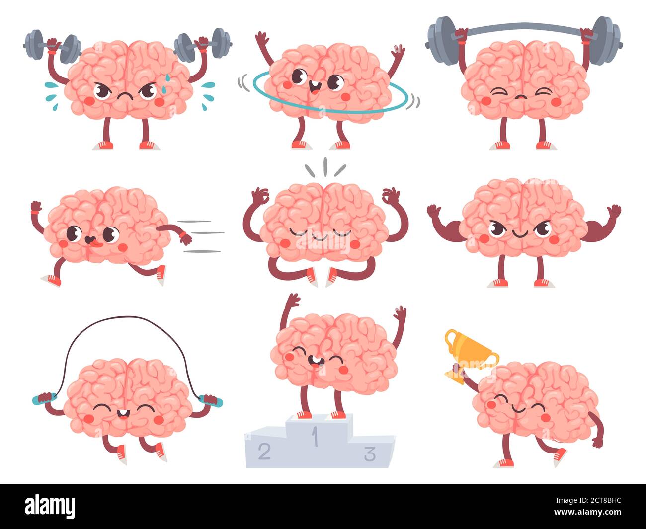 Brain and sport. Comic brains sports activities, training achievements iq metaphor, mental exercise, fitness cartoon vector characters. Sport brain ch Stock Vector