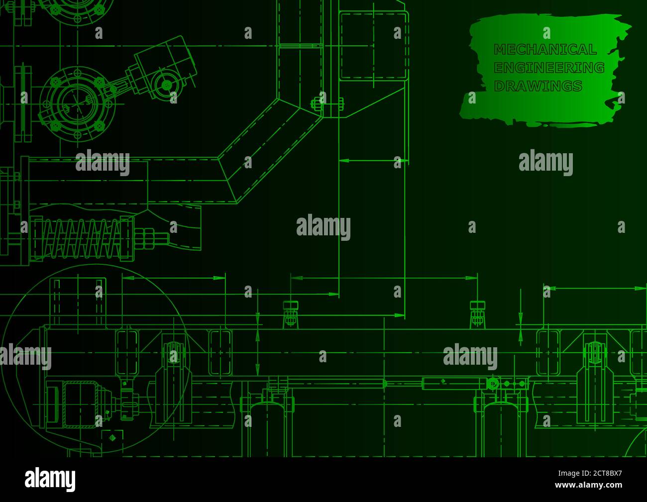 Mechanical instrument making. Technical illustration. Green neon. Technical abstract background Stock Vector