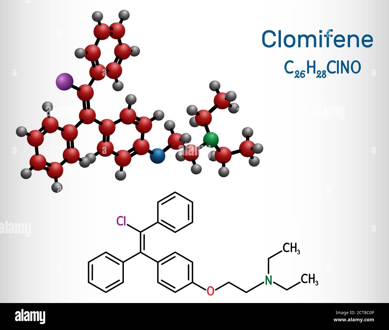 Clomifene, clomiphene, enclomifene, E-isomer molecule. It is an oral agent used to treat infertility in women. Structural chemical formula and molecul Stock Vector