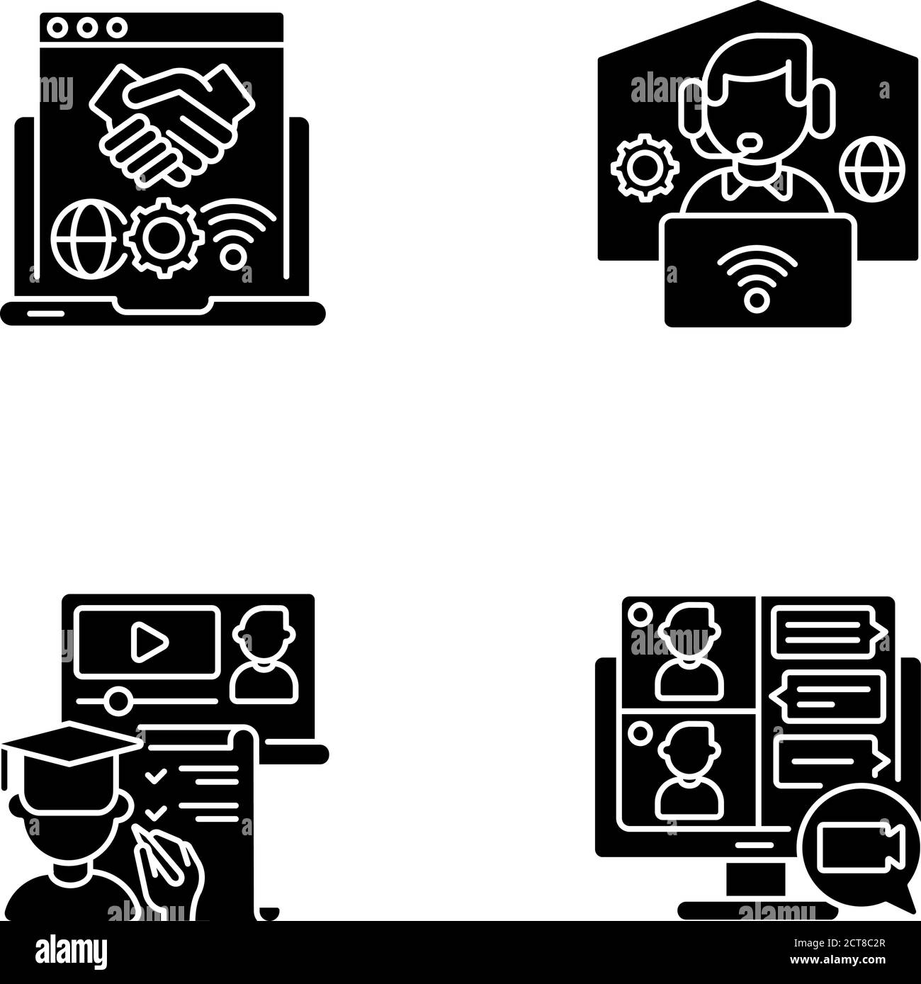 Online communication black glyph icons set on white space Stock Vector ...