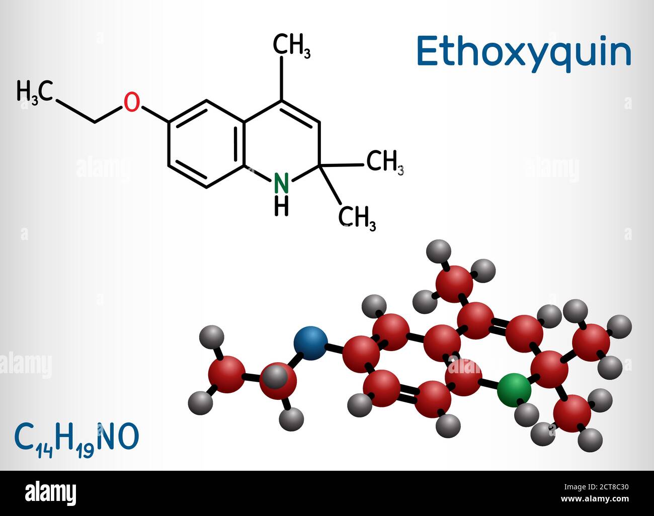 Ethoxyquin, EMQ, antioxidant E324 molecule. It is a quinoline used as a