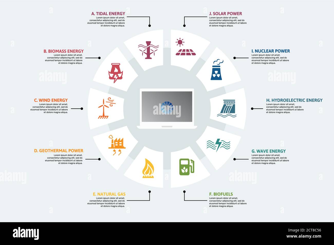 Infographic Alternative Energy template. Icons in different colors ...