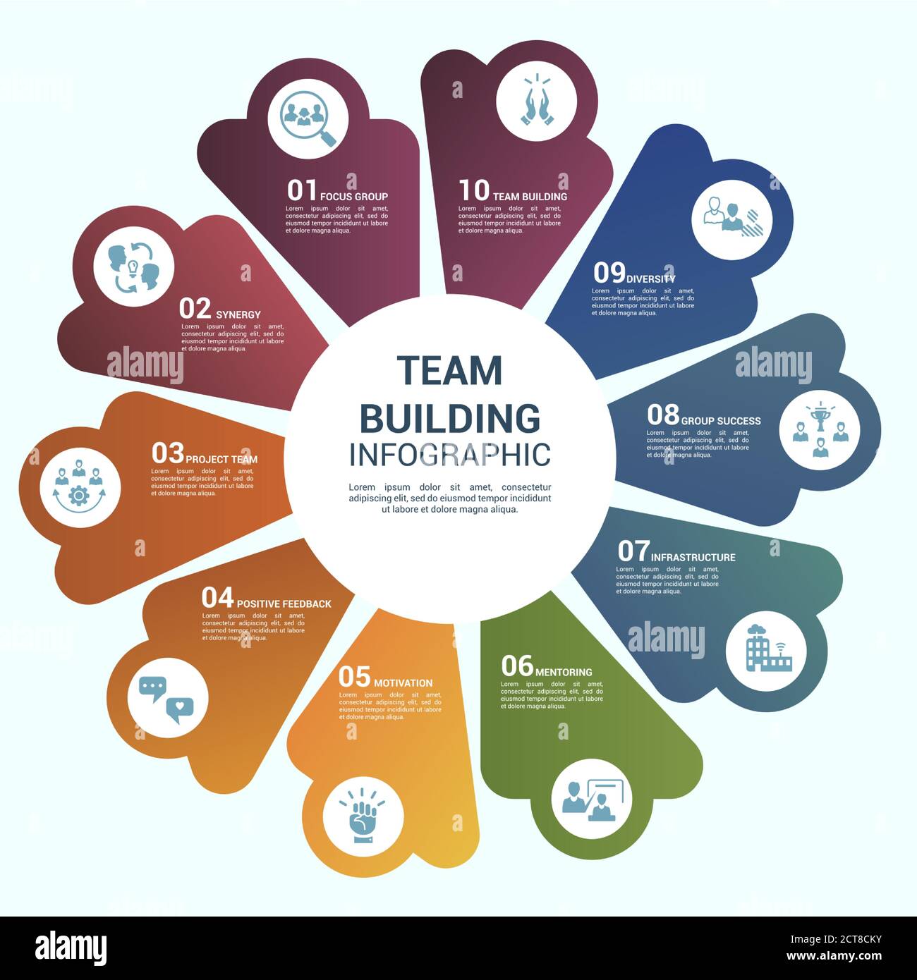 Infographic Teamwork template. Icons in different colors. Include ...