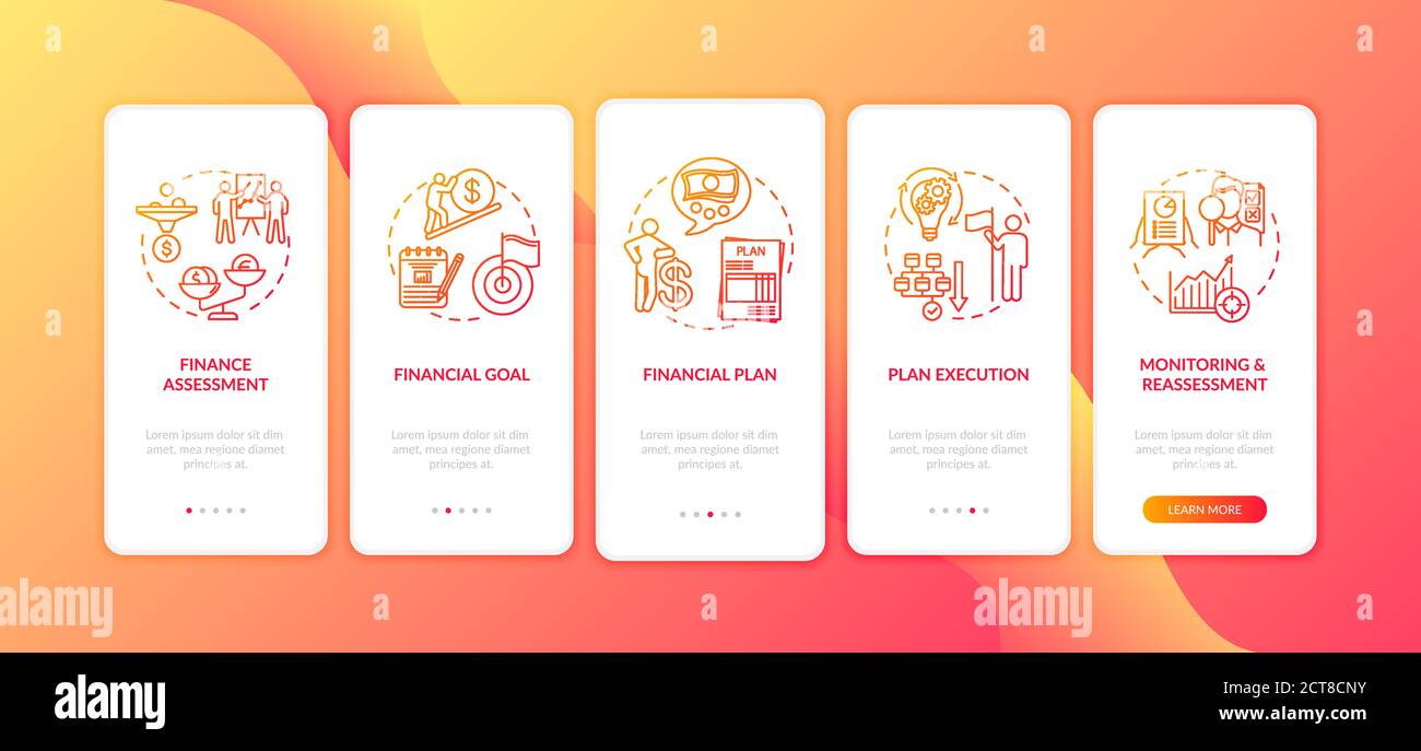 Financial planning process onboarding mobile app page screen with concepts Stock Vector