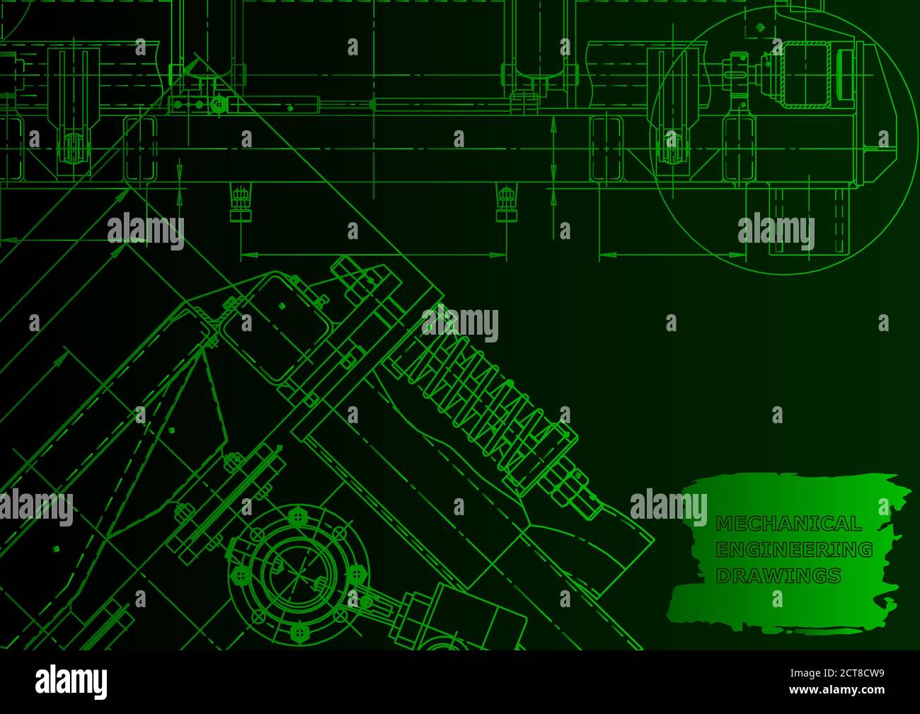 Machine-building industry. Computer aided design systems. Green neon. Instrument-making Stock Vector
