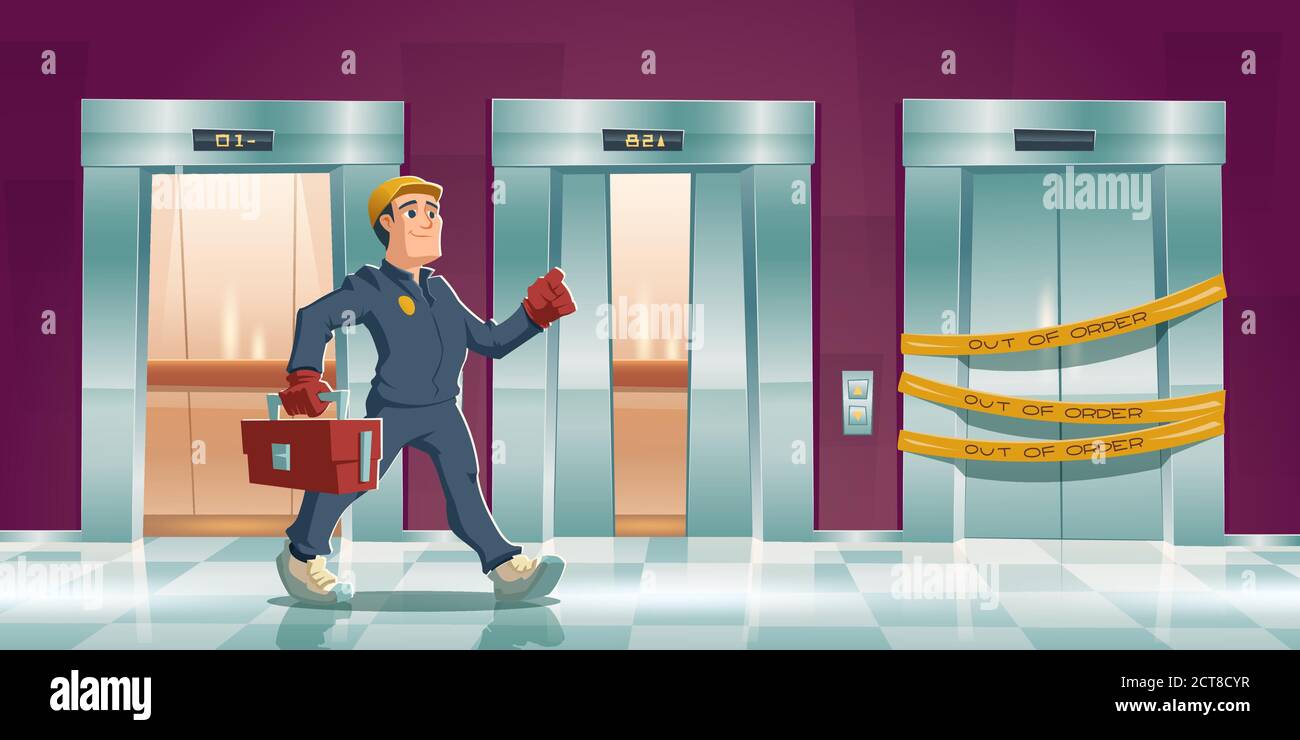 Repair man and out of order elevator with yellow stripes in house or office hallway. Vector cartoon corridor with open lift doors and mechanic with tool box. Maintenance service of broken elevator Stock Vector