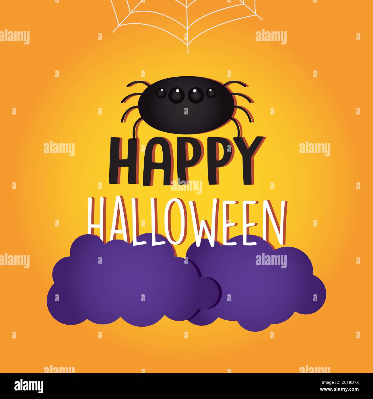 happy halloween design with cartoon spider and purple clouds over ...