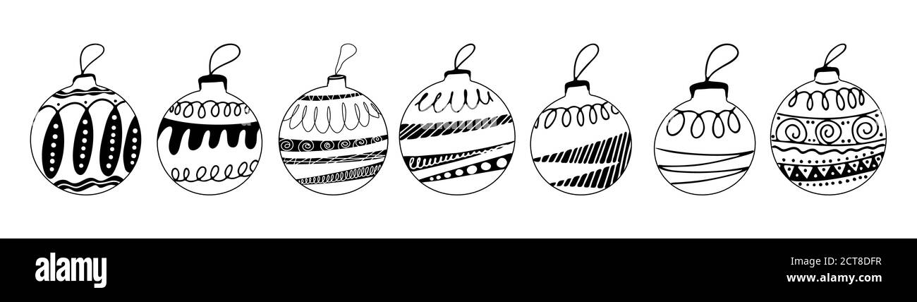 Set of hand drawn Christmas tree balls with doodle elements. Isolated ...
