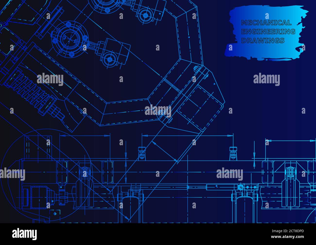 Mechanical instrument making. Technical illustration. Vector Blue neon. Technical background Stock Vector