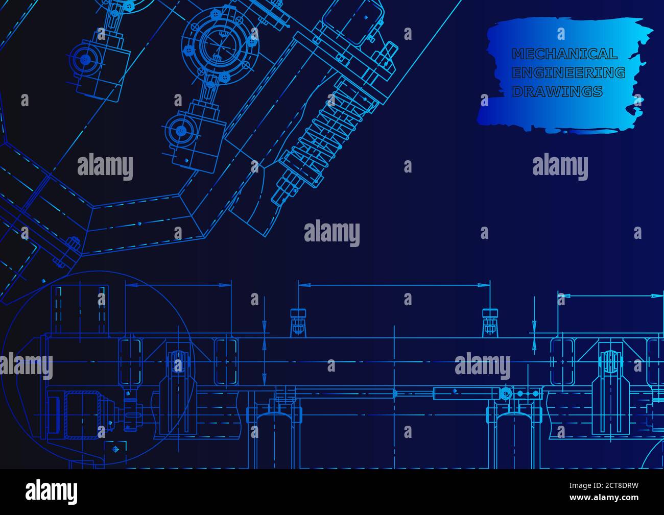 Mechanical instrument making. Technical illustration. Technical abstract backgrounds. Blue neon Stock Vector