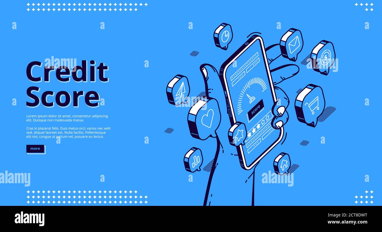 Credit score isometric landing page, hand holding smartphone with