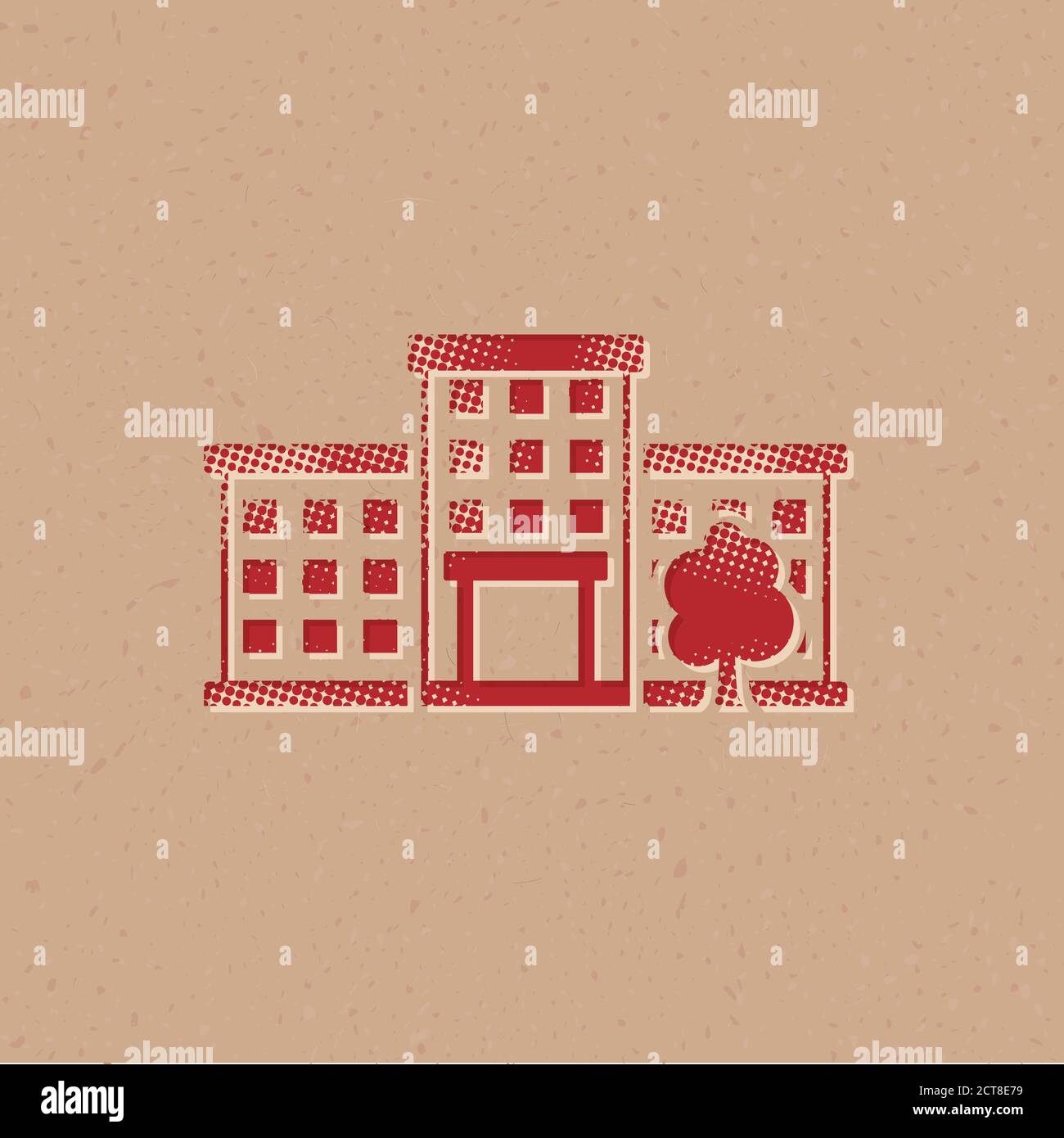 Building icon in halftone style. Grunge background vector illustration ...
