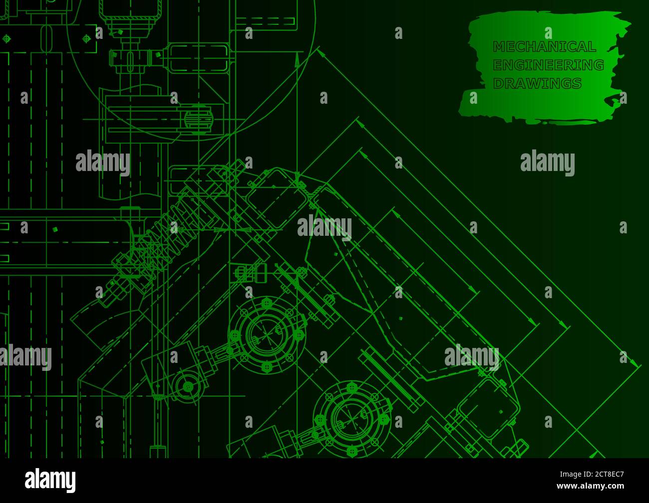 Machine-building industry. Green neon. Technical illustrations. Mechanical Stock Vector