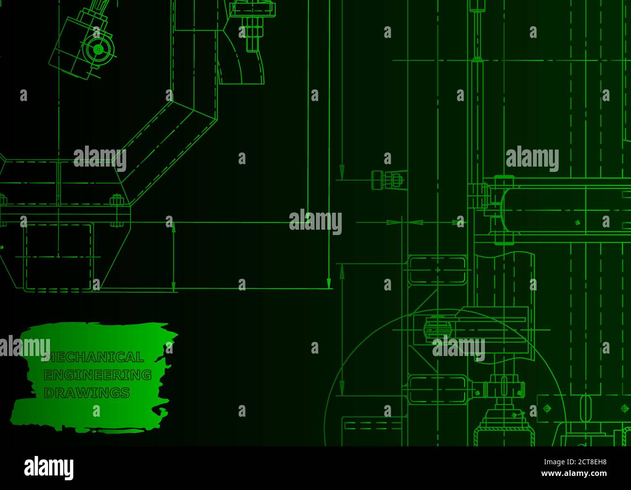 Mechanical engineering drawing. Machine-building industry. Instrument-making. Green neon Stock Vector