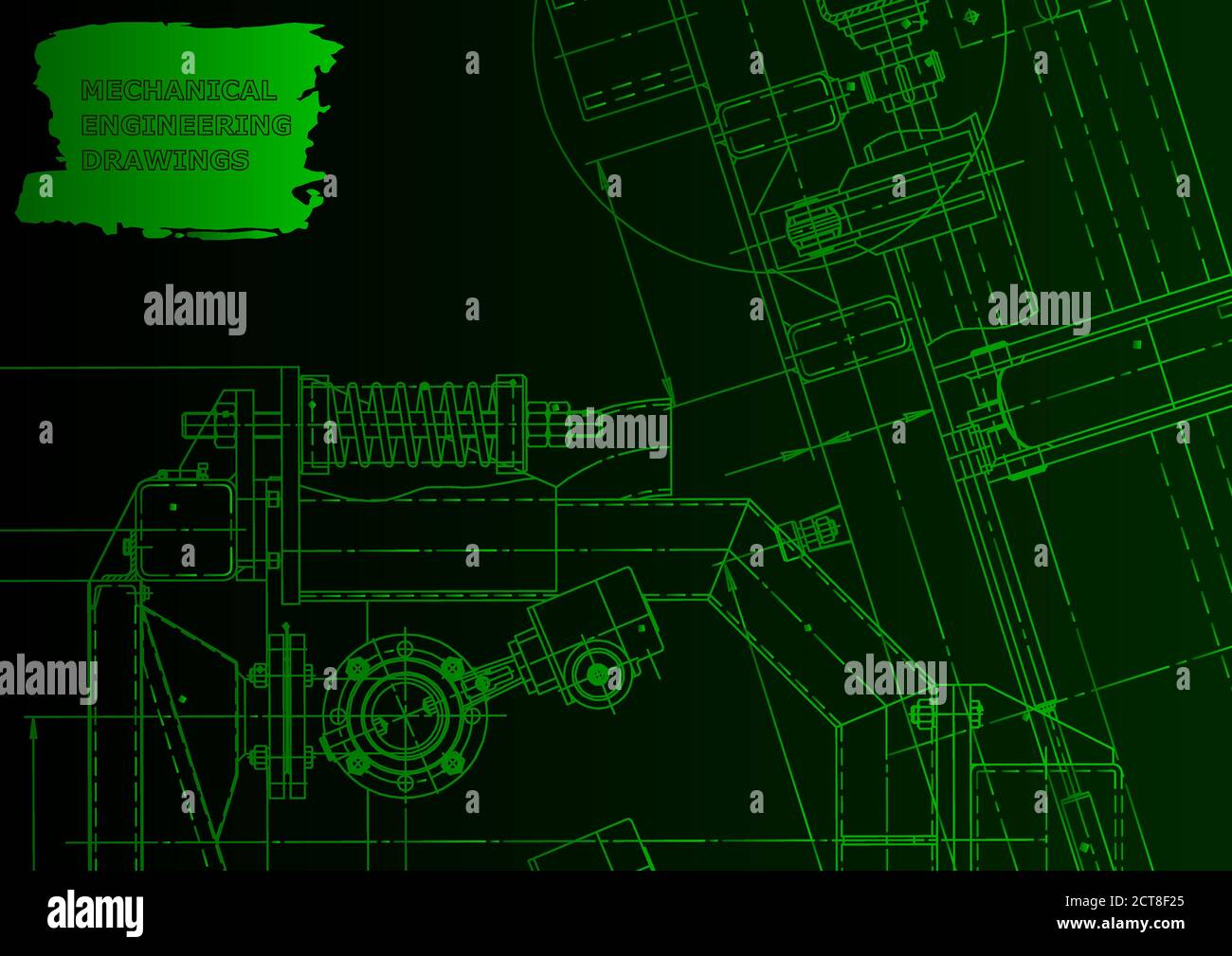 Sketch. Vector engineering illustration. Instrument-making. Green neon Stock Vector