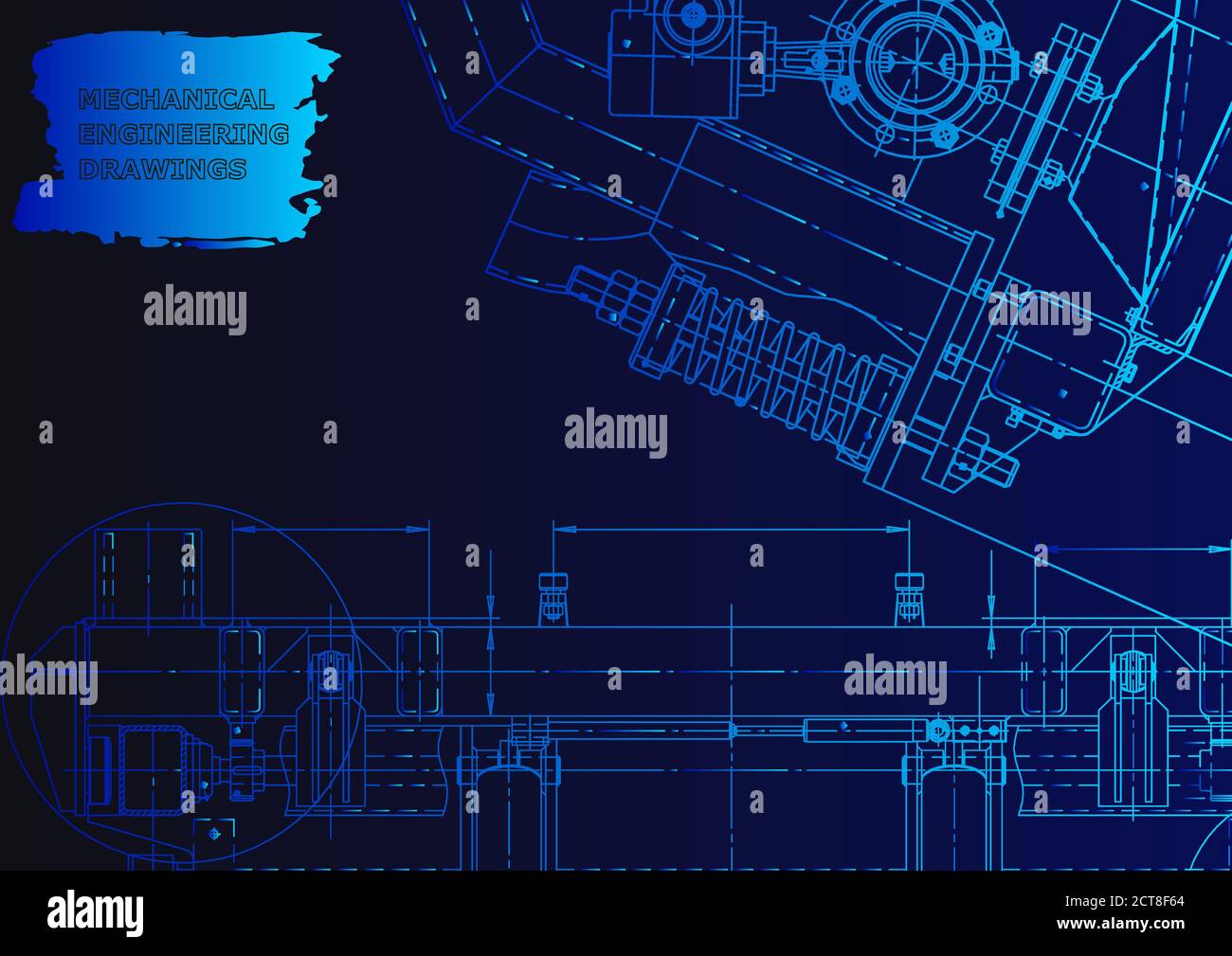 Mechanical instrument making. Technical illustration. Blue neon Stock Vector