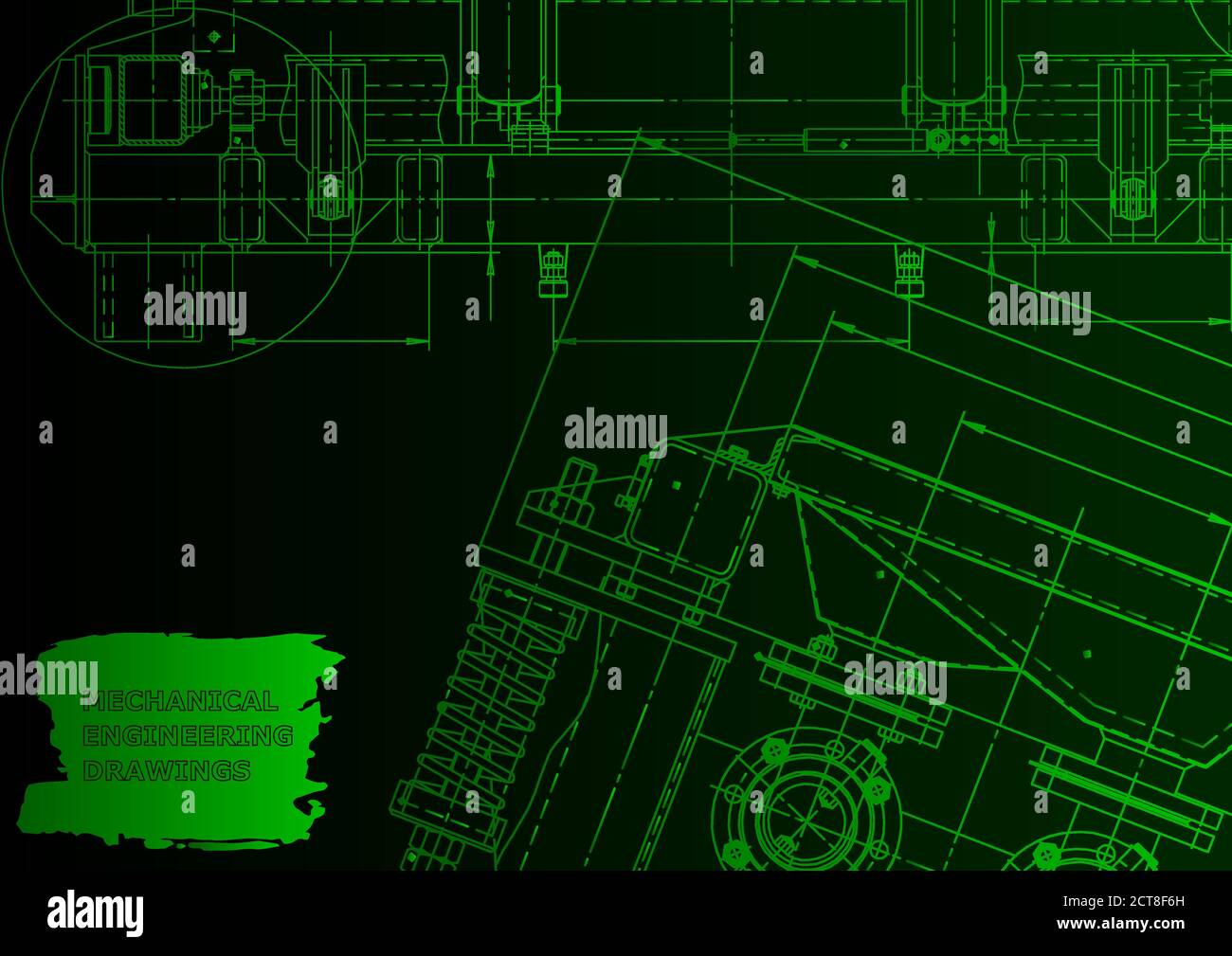 Machine-building industry. Green neon. Technical illustrations, backgrounds. Mechanical engineering Stock Vector