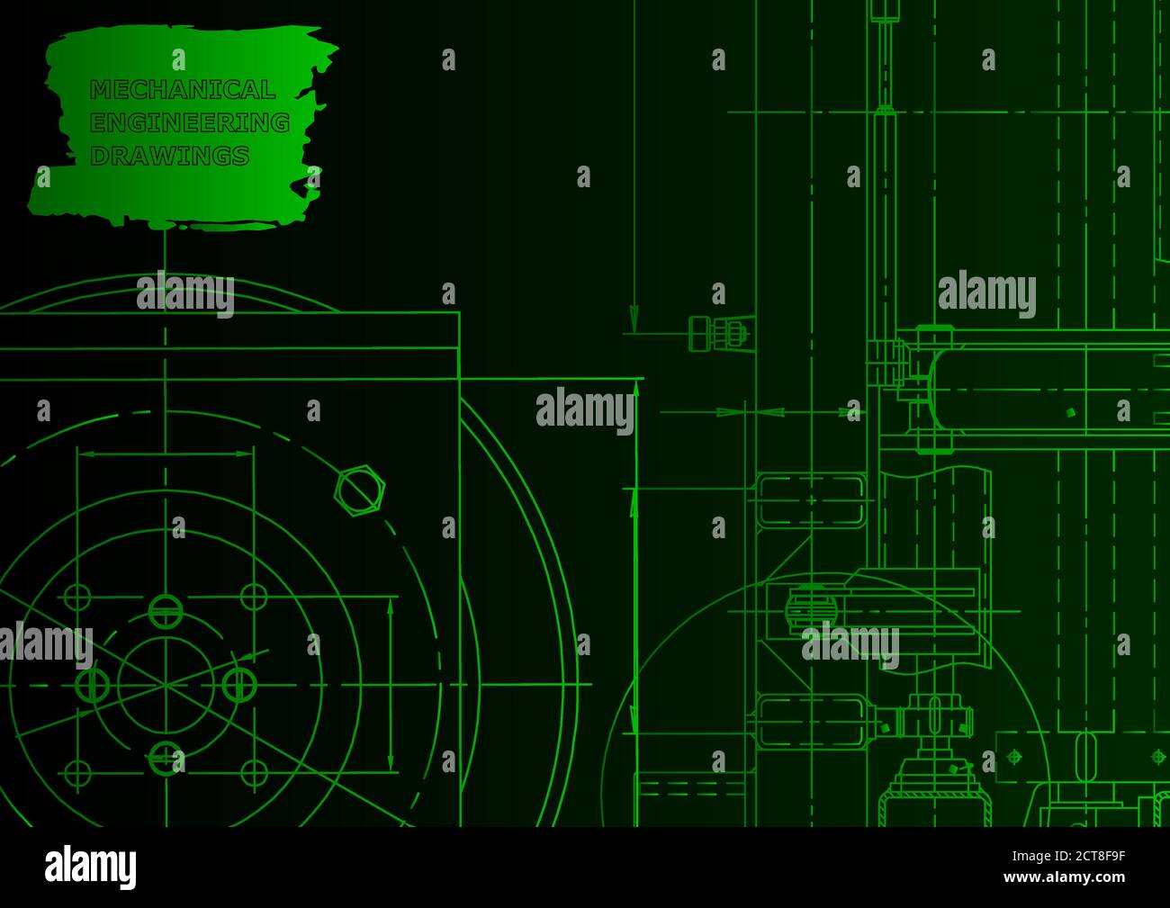 Vector engineering illustration. Technical illustrations, backgrounds. Blueprint Green neon Stock Vector