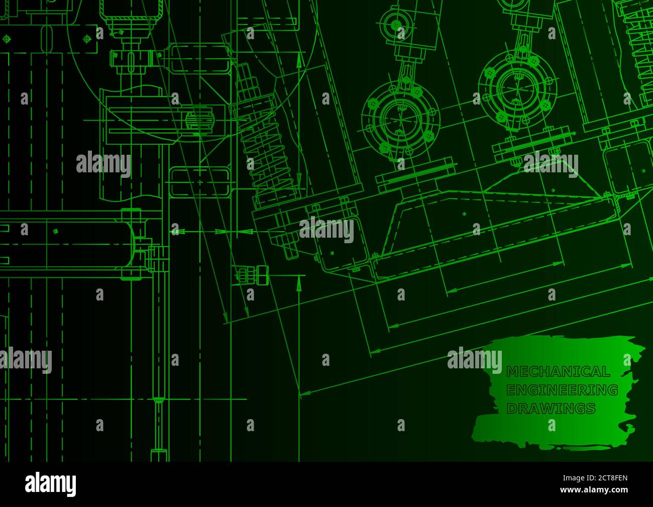 Machine-building industry. Mechanical engineering drawing. Green neon ...