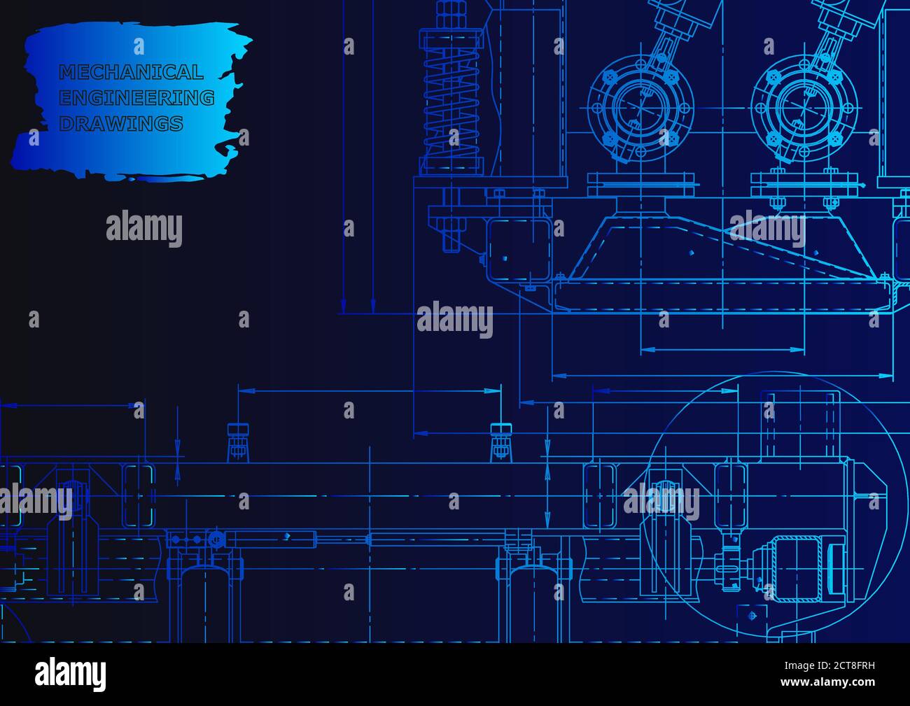 Technical abstract backgrounds. Vector engineering drawing. Mechanical instrument making. Blue neon Stock Vector