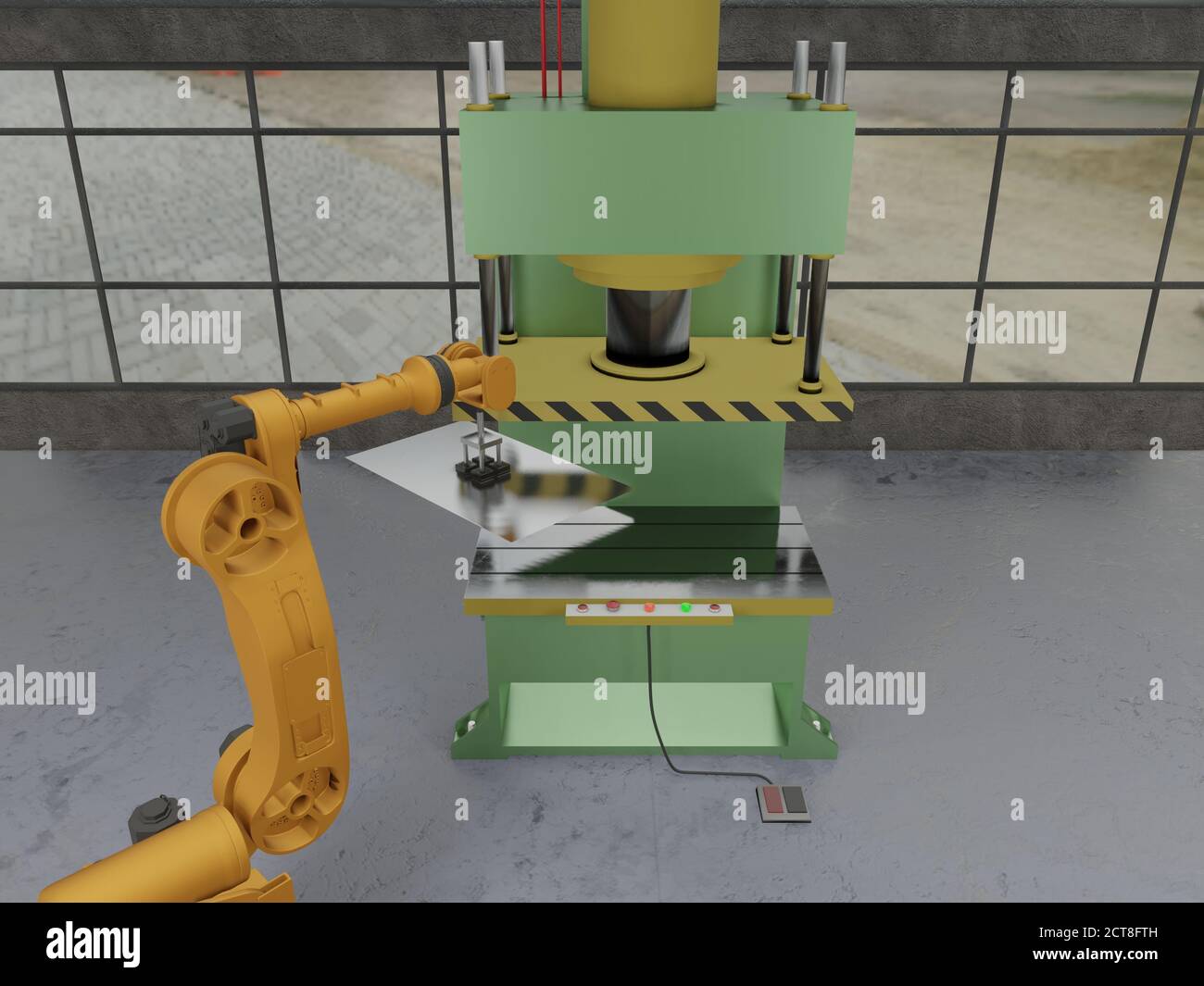 Automated manufacturing factory robotic arm loading metal sheet to