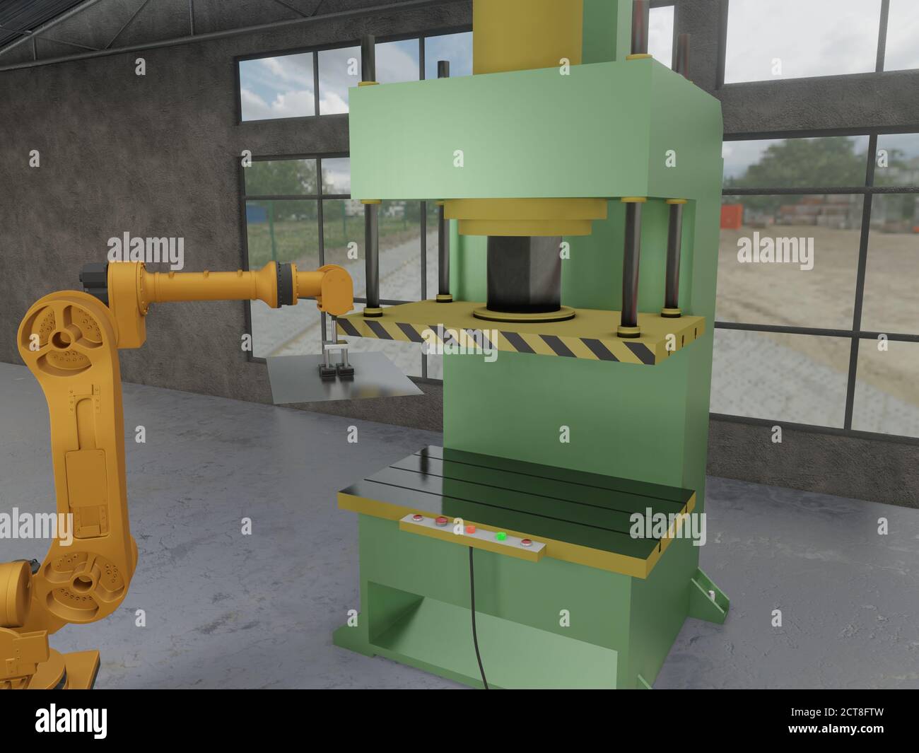 Automated manufacturing factory robotic arm loading metal sheet to hydraulic press stamping machine for forming process. Industrial metalwork manufact Stock Photo - Alamy Automated manufacturing factory robotic arm loading metal sheet to hydraulic press stamping machine for forming process. Industrial metalwork manufact Stock Photo - Alamy