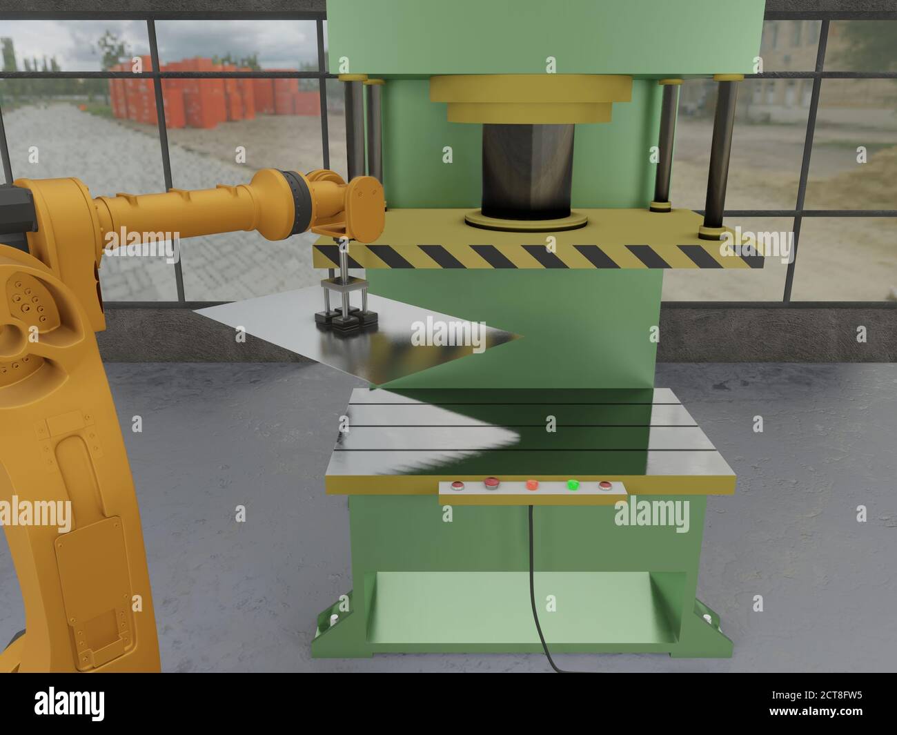 Automated manufacturing factory robotic arm loading metal sheet to