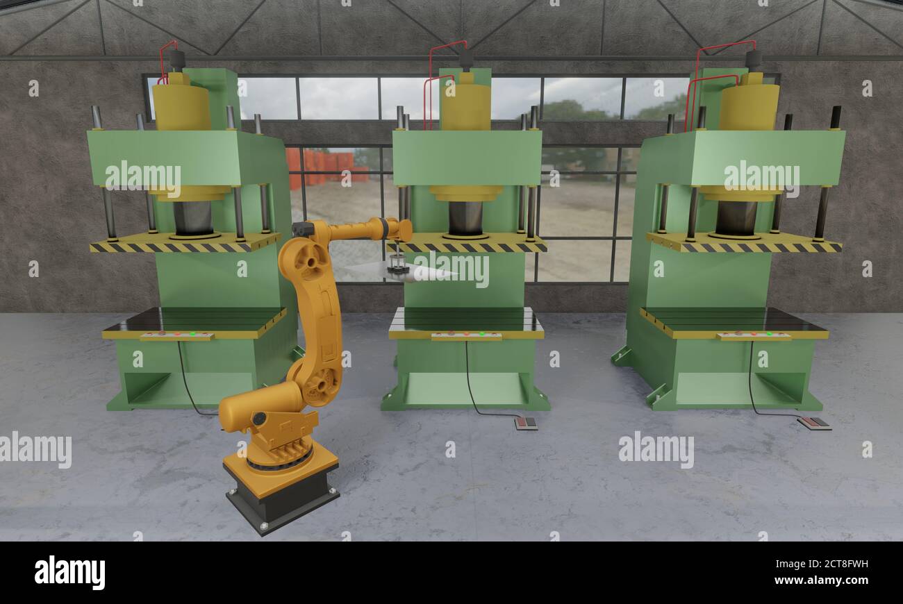 Automated manufacturing factory robotic arm loading metal sheet to  hydraulic press stamping machine for forming process. Industrial metalwork  manufact Stock Photo - Alamy