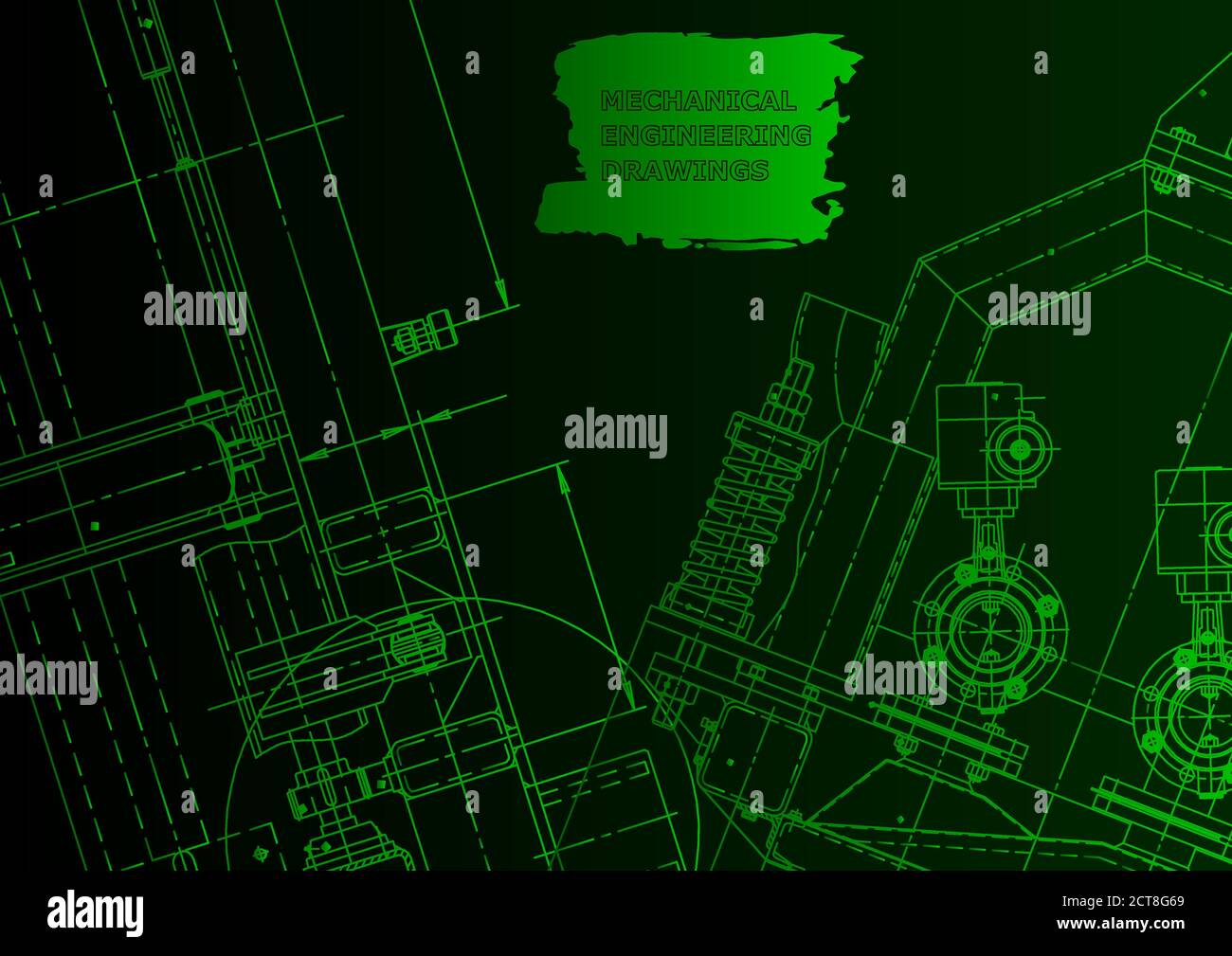 Vector engineering drawings. Mechanical instrument making. Technical abstract backgrounds. Technical illustration Green neon Stock Vector