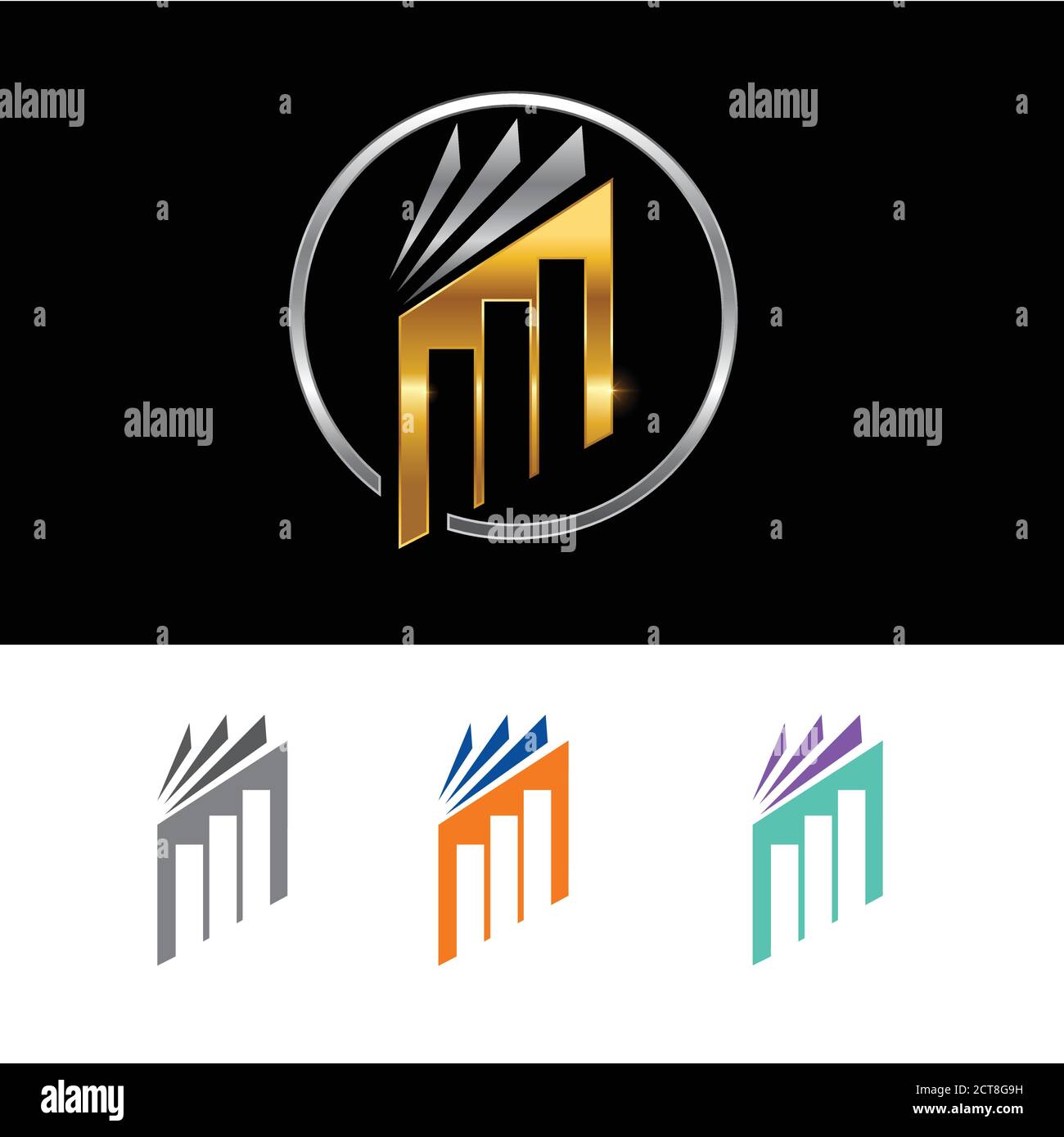 A vector illustration of Book and infographic Bar logo sign  in gold and silver color, with gray , orange, blue and purple logo sign Stock Vector