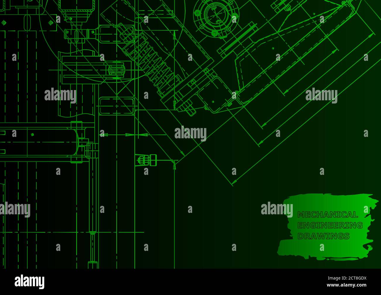 Machine-building industry. Mechanical engineering drawing. Green neon. Technical illustrations Stock Vector