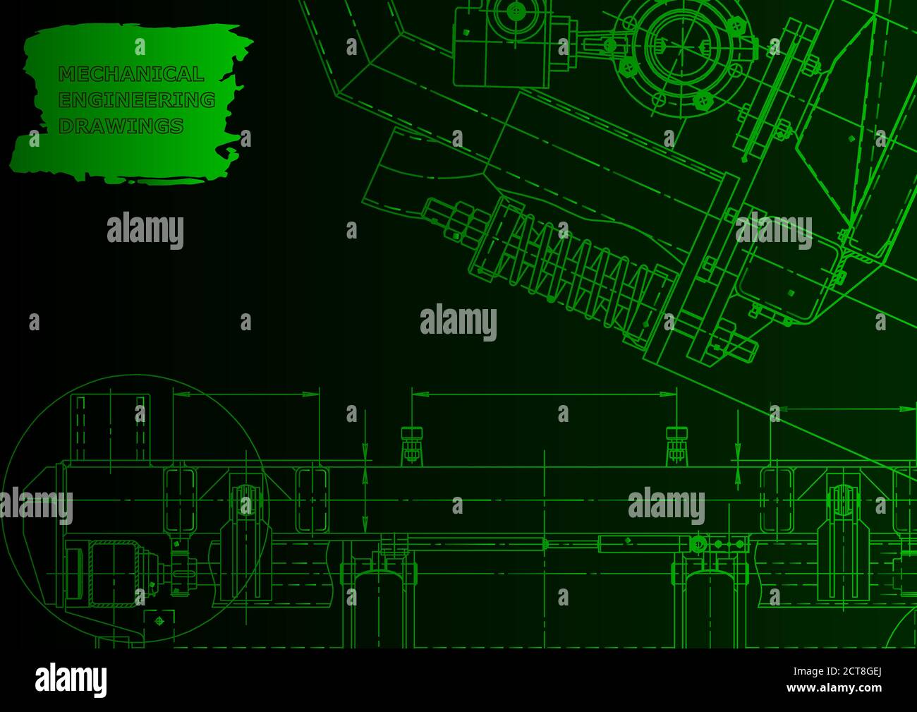 Mechanical instrument making. Technical illustration. Green neon Stock Vector
